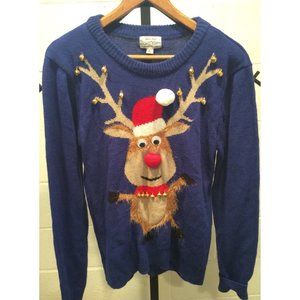 Ugly Christmas Sweater Reindeer Jingle Bells Pom Pom Holidays Party Large Blue